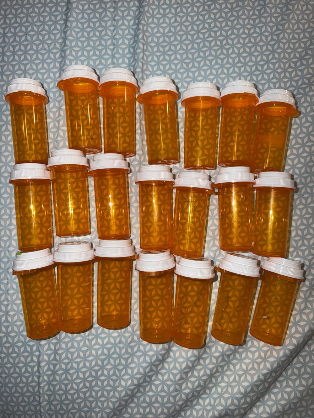 Amber Plastic Pill Bottles with White Safety Caps - Set of 21